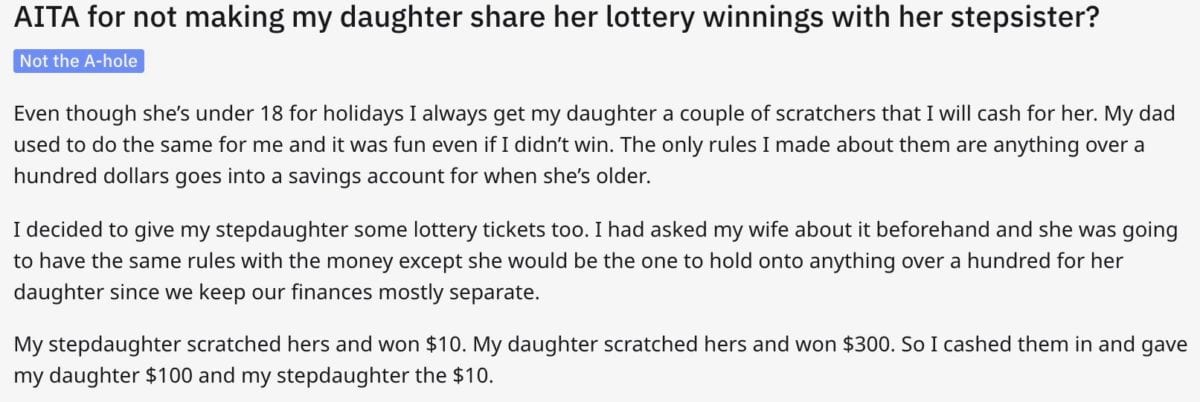 Did This Dad Mess Up When He Refused to Make His Daughter Share Her Lottery Winnings with Her Stepsister?