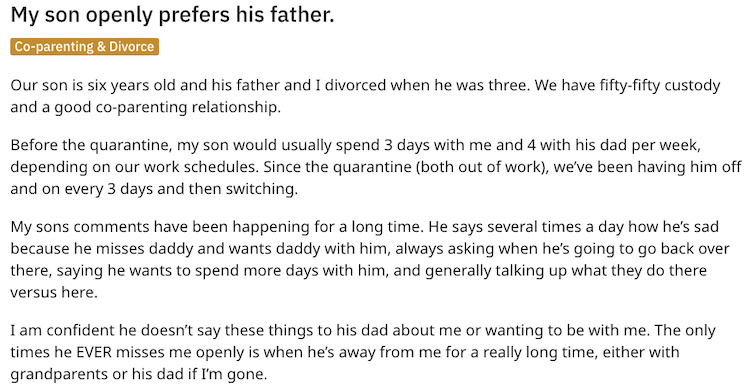 Divorced Mom Says Her 6-Year-Old Son 'Openly Prefers' Being with His Dad, Asks for Advice on Handling Heartbreak