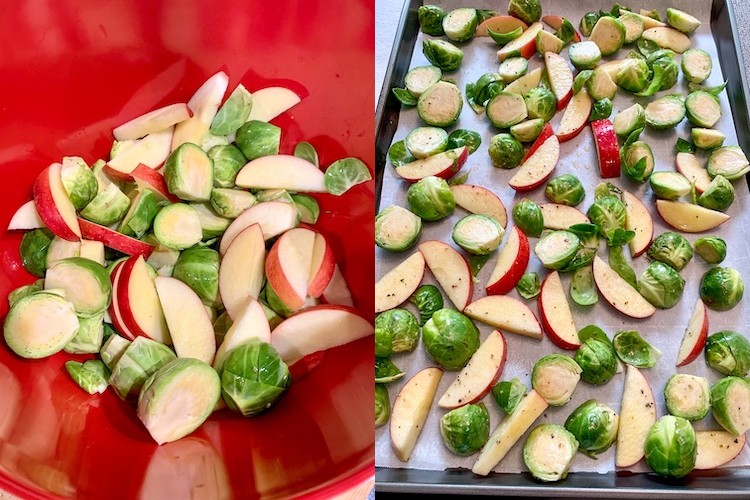 Ayesha Curry’s Easy Pork Chops Recipe Apple and Brussels sprouts prep